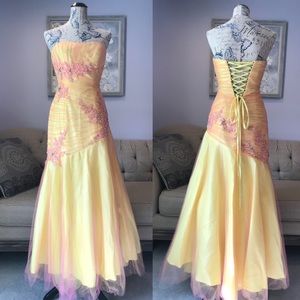 Once worn, mermaid yellow pink lace prom dress